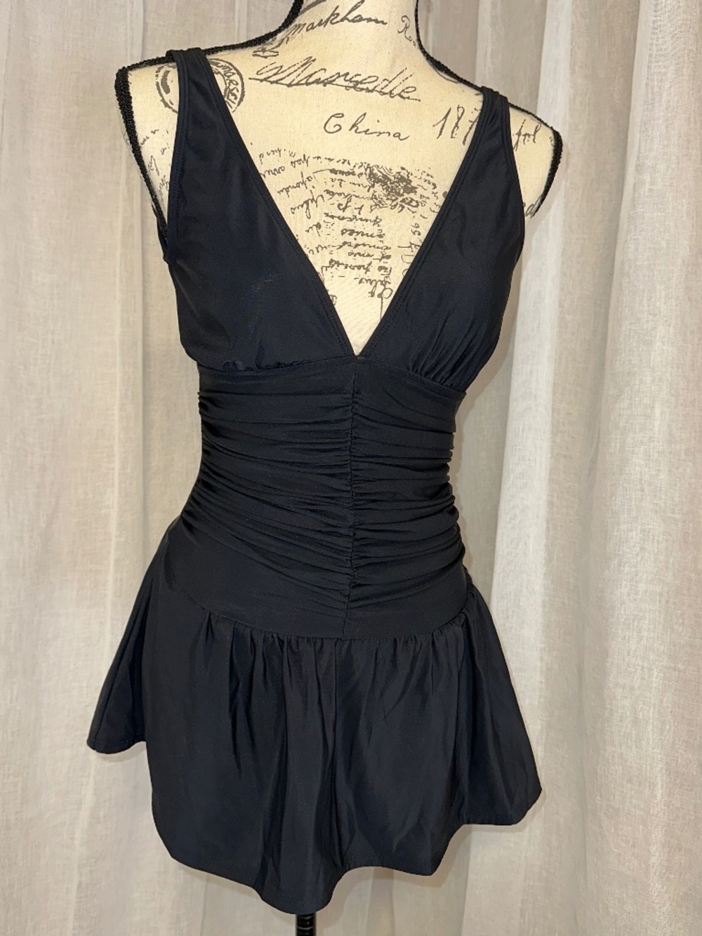 Black one piece v neck ruched swim dress skirt by ShapeFx Swim size 4